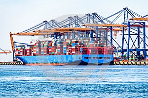 Large container ship in harbour on a sunny summer day