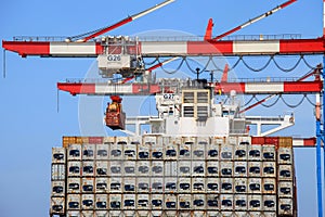 Large Container ship loaded with refrigerated containers.