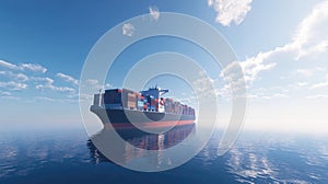 A large container ship navigating through calm waters under a clear blue sky