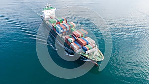 Large container ship at sea. Aerial top view of cargo container ship vessel import export container sailing
