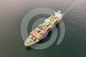 Large container ship at sea. Aerial top view of cargo container ship vessel import export container sailing