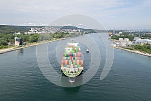 Large container ship at sea. Aerial view of cargo container ship vessel import export container sailing