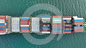 Large container ship at sea. Top down view. Aerial top view of cargo container ship vessel import export container sailing.