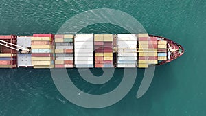 Large container ship at sea. Top down view. Cargo container ship vessel import export container sailing.