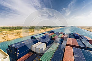 Large container vessel ship passing suez canal. photo