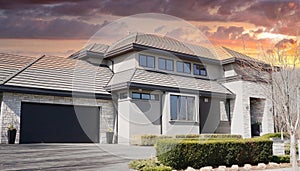 Large Contemporary New Home House Canada Stormy Sunset Sky Langley British Columbia