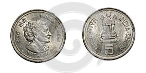 Large Copper Nickel Commemorative Rupees 5 Coin of Indira Gandhi