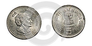 Large Copper Nickel Commemorative Rupees 5 Coin of Indira Gandhi photo