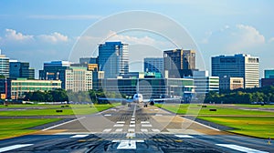 A large corporate headquarters looms just beyond the runway serving as a hub for business travelers and exeives visiting photo