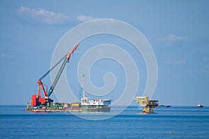 Large crane vessel installing the platform in offshore,crane barge doing marine heavy lift installation works