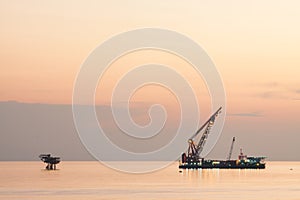 Large crane vessel installing the platform in offshore,crane barge doing marine heavy lift installation works