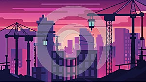 Large cranes towering over the construction site their dark silhouettes etched against the pink and purple hues of the