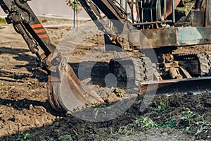 Large crawler excavator bucket. Excavator mechanical part for digging. Machines and mechanisms for construction