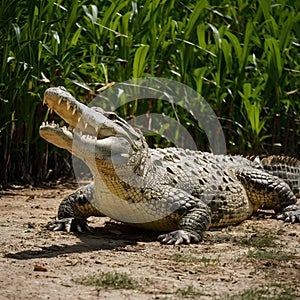 Large crocodile basks under sun, blending into natural surroundings