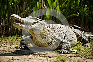 Large crocodile basks under sun, blending into natural surroundings