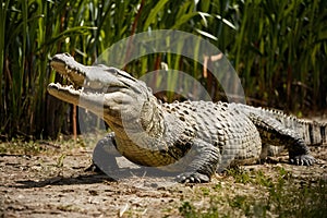 Large crocodile basks under sun, blending into natural surroundings