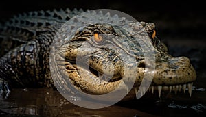 Large crocodile teeth and eye in close up, dangerous predator in water generated by AI