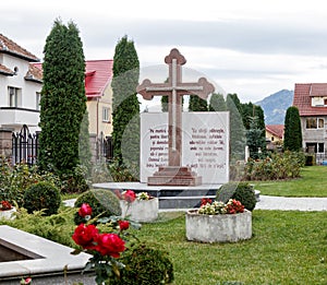 A large cross in the courtyard of Orthodox Church of the Holy Emperors Constantine and Helena on Alexandru Odobescu Street in the