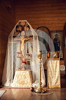 Large cross with the crucifixion of Jesus Christ in Orthodox Church