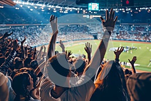 A large crowd of enthusiastic fans filled the stadium, cheering and watching a baseball game, A crowded sports event with fans