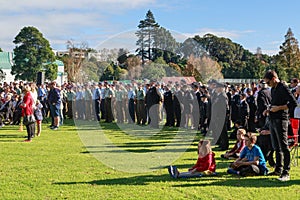Anzac Day 2018, Tauranga, NZ: Crowd gathered for ceremony at Memorial Park