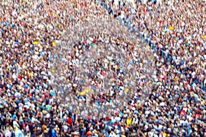 Large crowd of people view from above selective focus. defocus crowd of people, top view