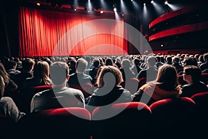 A large crowd of theatre goers sitting in comfortable red seats waiting for the show to start in front of a big red curtain