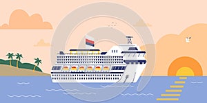 Large cruise liner or passenger ship at sea at sunset, flat vector illustration.