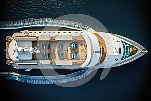 Large cruise liner ship front bow aerial top view. Generative AI