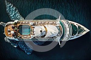 Large cruise liner ship front bow aerial top view. Generative AI