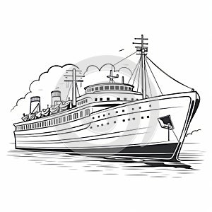 Vintage Steamship Black And White Drawing In Vibrant Cartoonish Style photo