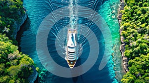 A large cruise ship cruising through a river surrounded by lush tropical landscapes under a clear sky