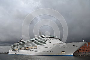 Large Cruise Ship docked in bad weather