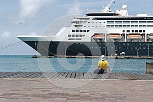 Large cruise ship docked at the port of Aruba