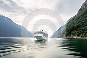 Large cruise ship in fjords. Tourism vacation and summer traveling. Generative AI
