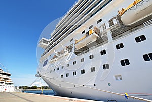 Large cruise ship has moored at the pier in Rostock-WarnemÃÂ¼nde photo