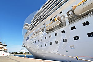 Large cruise ship has moored at the pier in Rostock-WarnemÃ¼nde