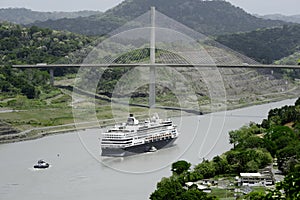 Large cruise ship passing under Panama's Centennial Bridge