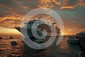 A large cruise ship is sailing in the ocean with a beautiful sunset in the background. The ship is surrounded by waves