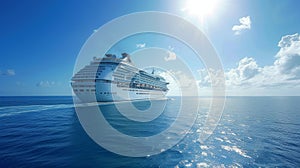 A large cruise ship sails across the endless blue ocean on a bright sunny day