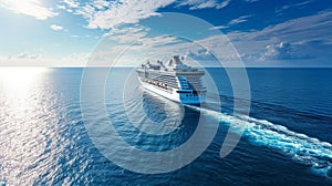 A large cruise ship sails across the endless blue ocean on a bright sunny day