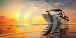 Large cruise ship vayaging on calm water on summer evening with sunset.Macro.AI Generative