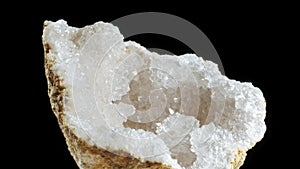 Large crystals of rhinestone quartz, rock-crystal black background. macro