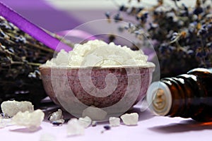 Large crystals of sea salt and jars of essential oils.Aromatherapy and Spa treatments, bathing, relaxation