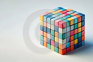 A large cube consisting of many small multi-colored cubes. Space for text.