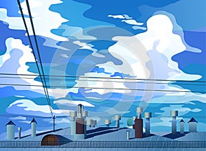 Large cumulus clouds over the rooftops vector.