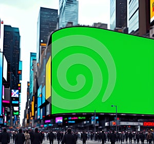 Large curved greenscreen billboard in city center. Copy space, New York, Times Square