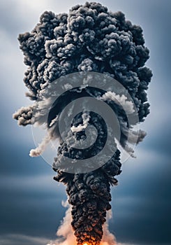 Large Dark Explosion Cloud of Smoke and Ash Against Cloudy Sky