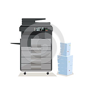 Large dark grey office floor multifunction printer scanner copier with pile of documents in cardboard boxes. on white background.