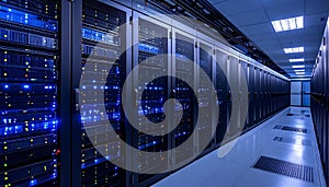 Data center server room with rows of computer servers